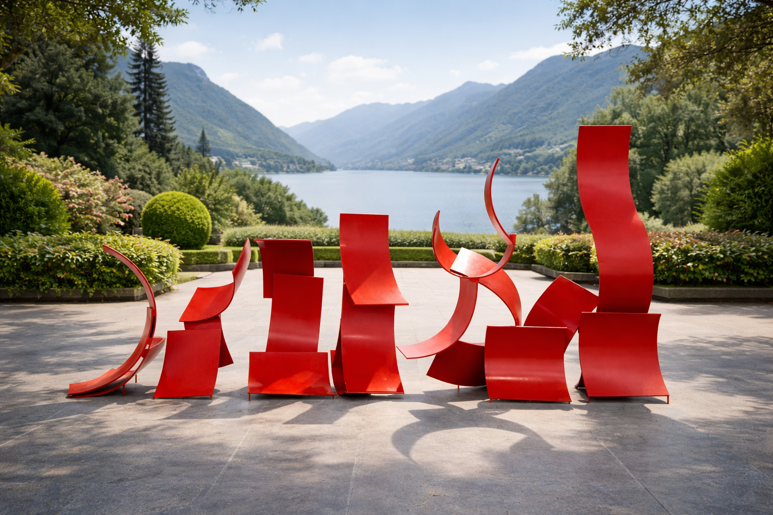 Large-scale red kinetic installation in a manicured lakeside garden